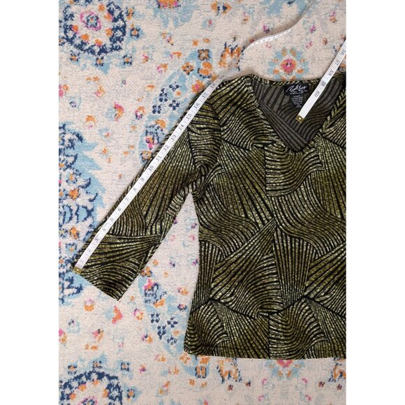 y2k Russell Kemp Petite Green/Gold & Black Abstract V-Neck 3/4 Sleeve Top - PM - Picture 8 of 9